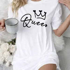 Queen Letter Print Nightdress for Women, White Short Sleeve Lounge Sleep Shirt, Soft Casual Sleepwear Homewear Dress