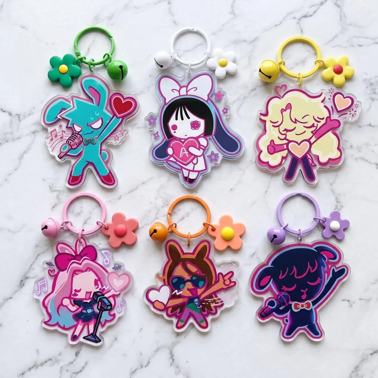 Alien Stage Acrylic Keychain, ALNST Chibi Mascot Bag Charm, Cute Webtoon Anime Keyring with Bell & Flower, Till Mizi Ivan Luka Fandom Merch