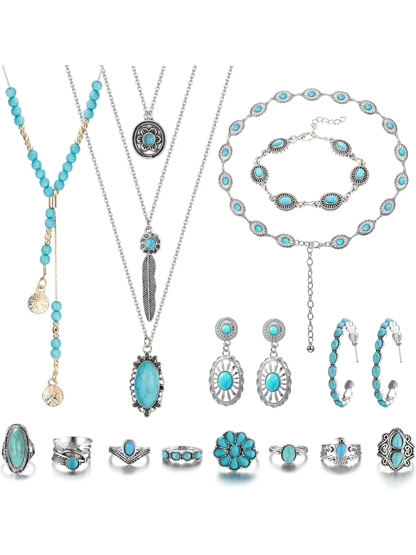Bohemian Turquoise Jewelry Set for Women and Men, Vintage Drop Earrings, Necklace, Adjustable Belt, Bracelet and Rings, Elegant All Seasons Accessory