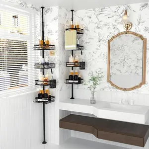 Corner Shower Caddy Tension Pole 4 Tier Adjustable Bathroom Organizer with 34-101 Inch Floor Stand for Bathtub Shampoo Storage