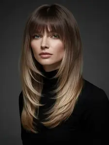 20 Inch Fashionable New Brown Gradient Blonde Long Straight Layered Wigs with Bangs, Synthetic Women's Wigs for Ordinary Work, Life, Dance Parties and All Occasions
