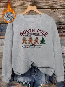 Christmas Gingerbread Man Bakery Printed Faux Fur Round Neck Top, Vintage Label Decoration, Soft and Skin-Friendly, Casual Holiday Sweatshirt