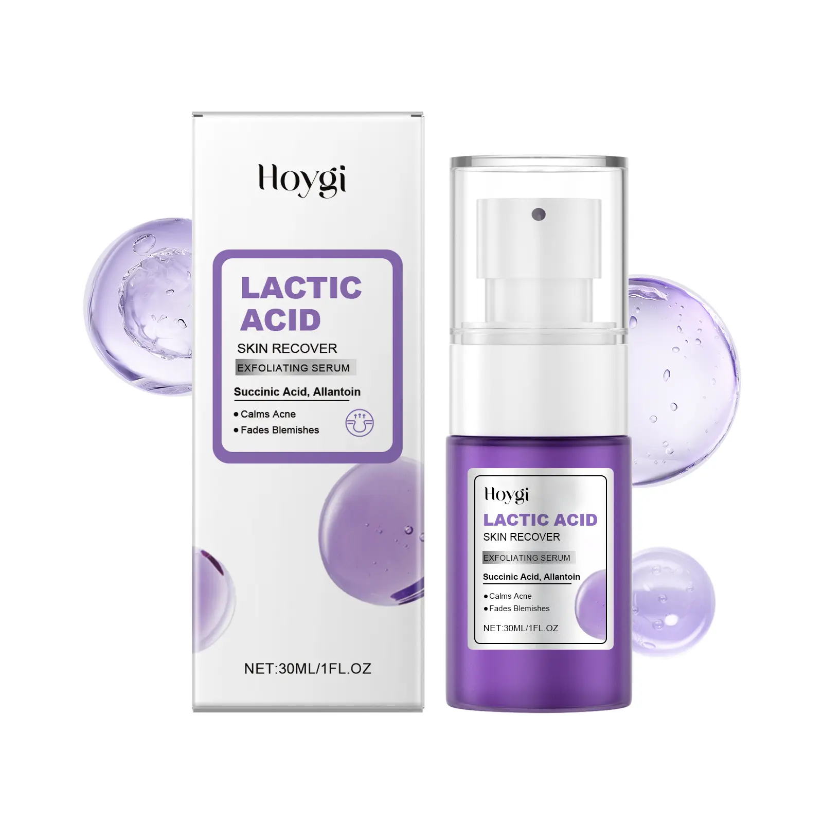 Lactic Acid Skin Recover Exfoliating Serum with Succinic Acid Allantoin, Gentle Exfoliator Calms Breakouts Fade Post-Acne Marks, Pore Refining Facial Treatment Serum 30ml