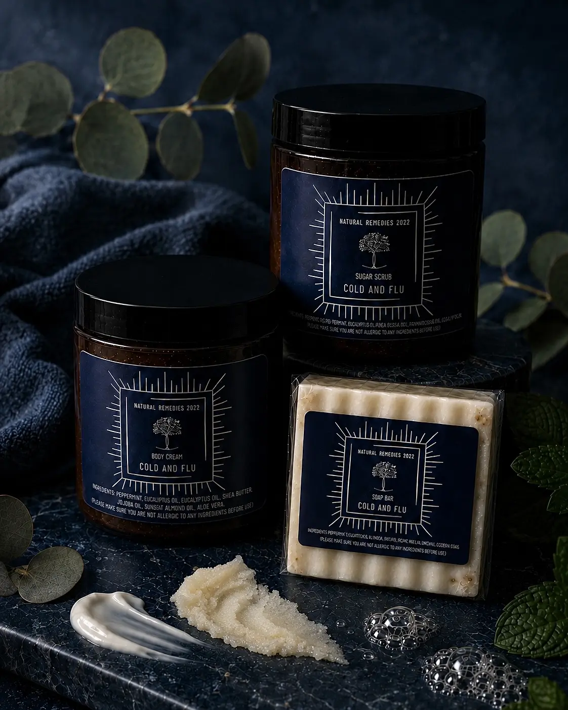 3-Piece Cold & Flu Body Care Bundle - Coconut Shea Peppermint Glycerin Sugar Scrub, Body Cream, Soap Bar