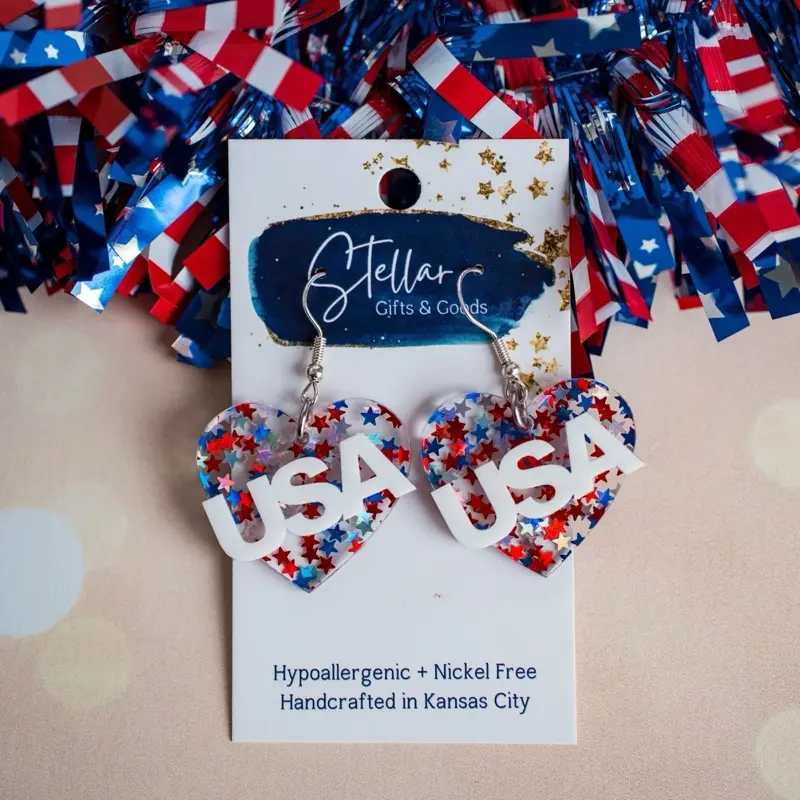 Americana USA Heart Dangle Earrings - Holographic Star Glitter