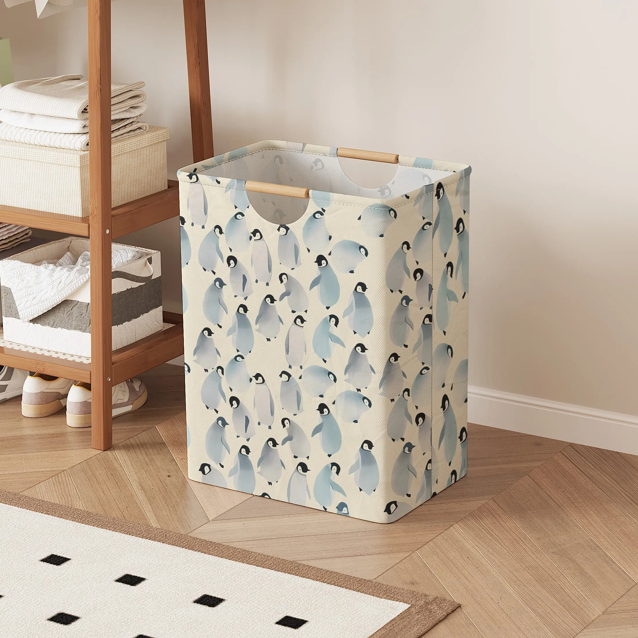 Penguin Print Open Storage Box, Foldable Laundry Basket with Handle, Home Bathroom Collapsible Clothes Organizer Bucket