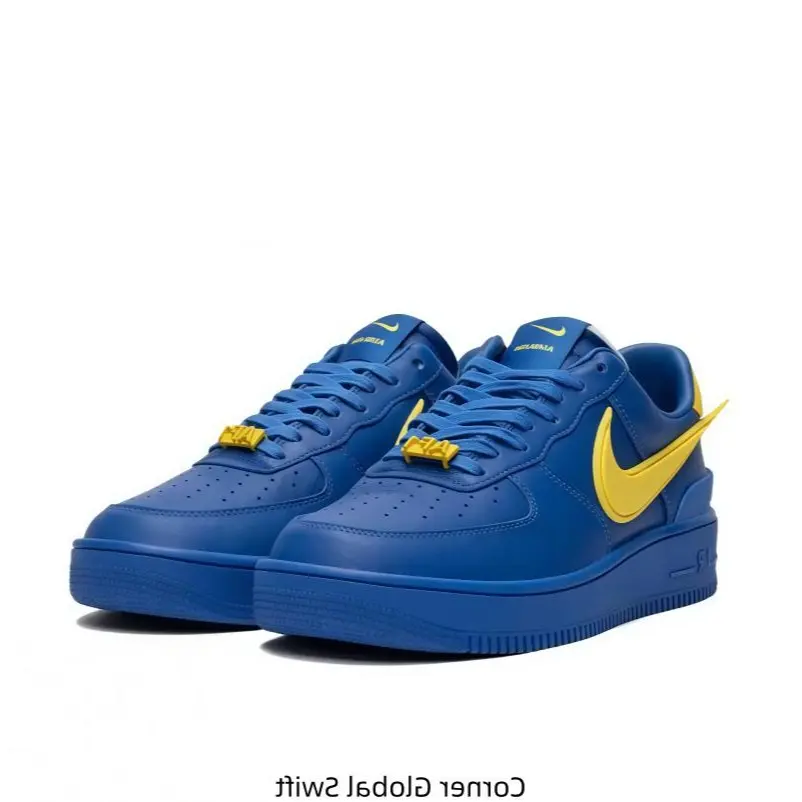 Blue Low-Top Casual Sneakers with Yellow Accents, Leather Material, Streetwear Style