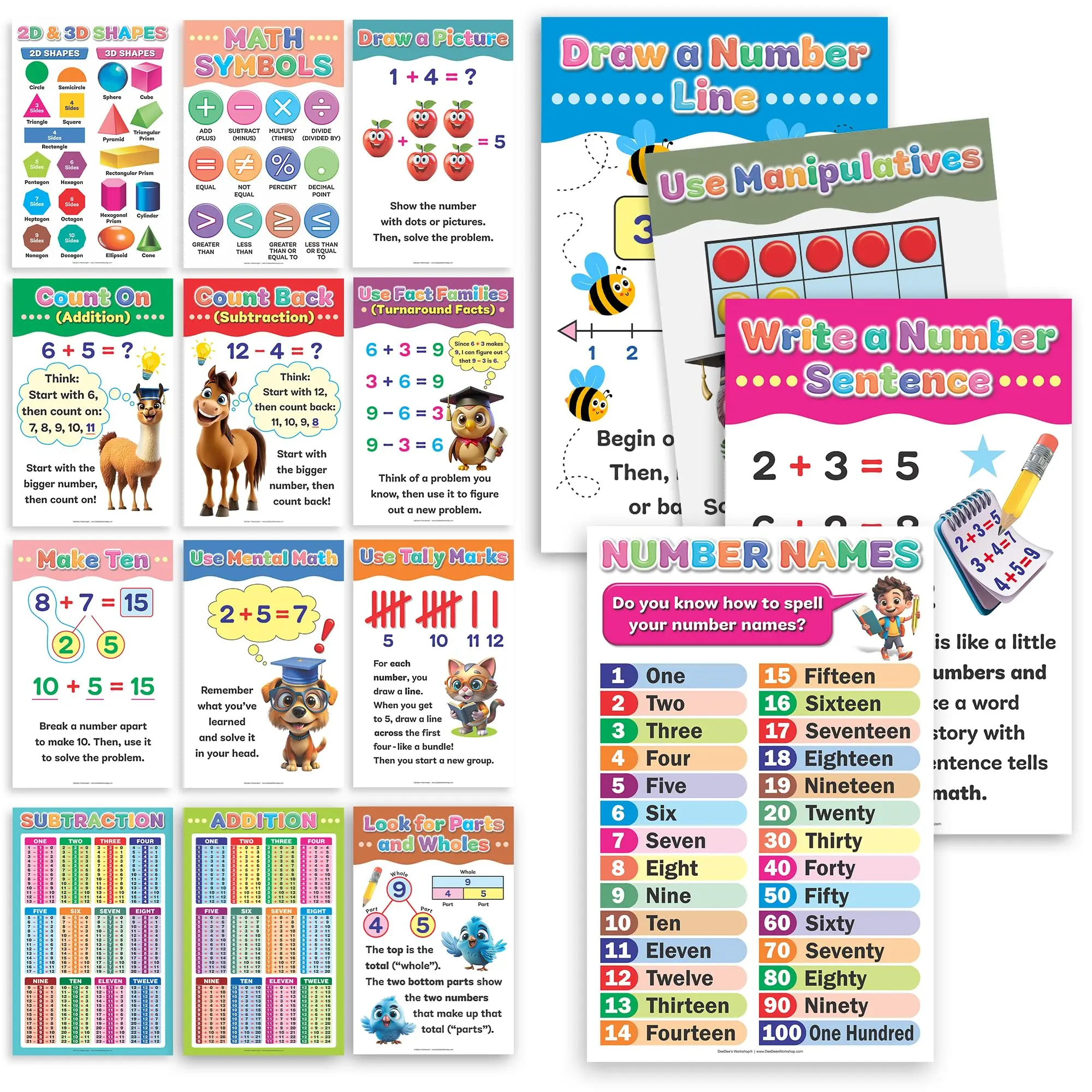 DeeDee's Workshop Math Strategies Posters for Classroom, 16 Educational Math Reference Charts for Kindergarten, 1st, 2nd & 3rd Grade, Number Line, Fact Families, Mental Math, 11 x 17 Inches