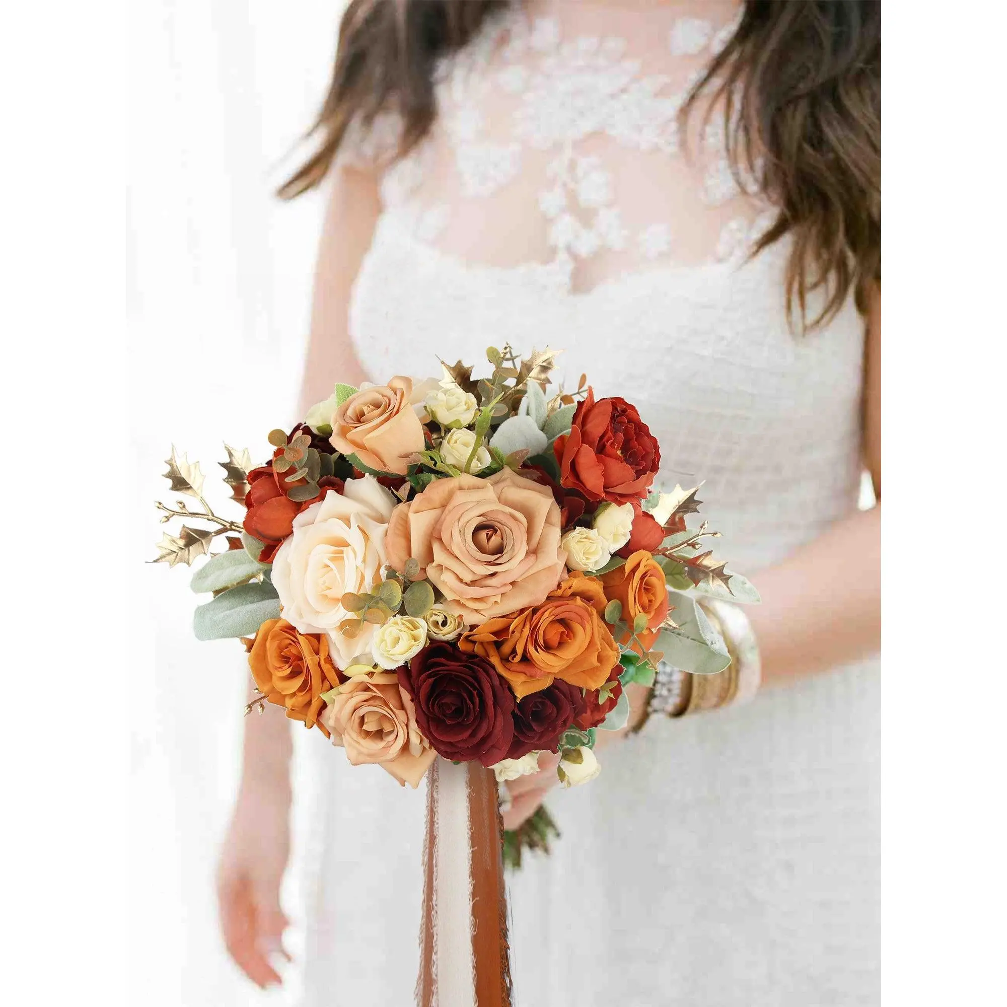 Rinlong 9 in Wide Burnt Orange Round Silk Bridal Bouquet with Red Roses, Orange Peonies & Gold Accents - Decorative Harvest Wedding Flower Supply for Bridal Events