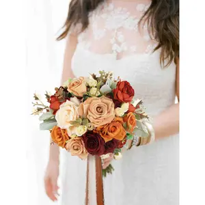 Rinlong 9 inch wide Burnt Orange Rounded Bridal Bouquet Wedding Flower