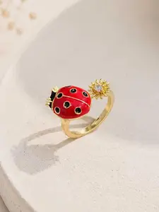 Adjustable Ladybug Ring, Enamel Ladybug with Sunflower Zircon, Cute Stress Relief Anxiety Fidget Ring, Open Ring, Japanese Style Insect Jewelry Gift
