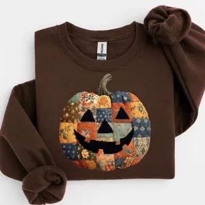 [Sale Up To 50%] Retro Patchwork Halloween Pumpkin Sweatshirt, Halloween Pumpkin Shirt, Spooky Season Sweater, Halloween Cute Women Outfit, Halloween Gift, streetwear graphic tee