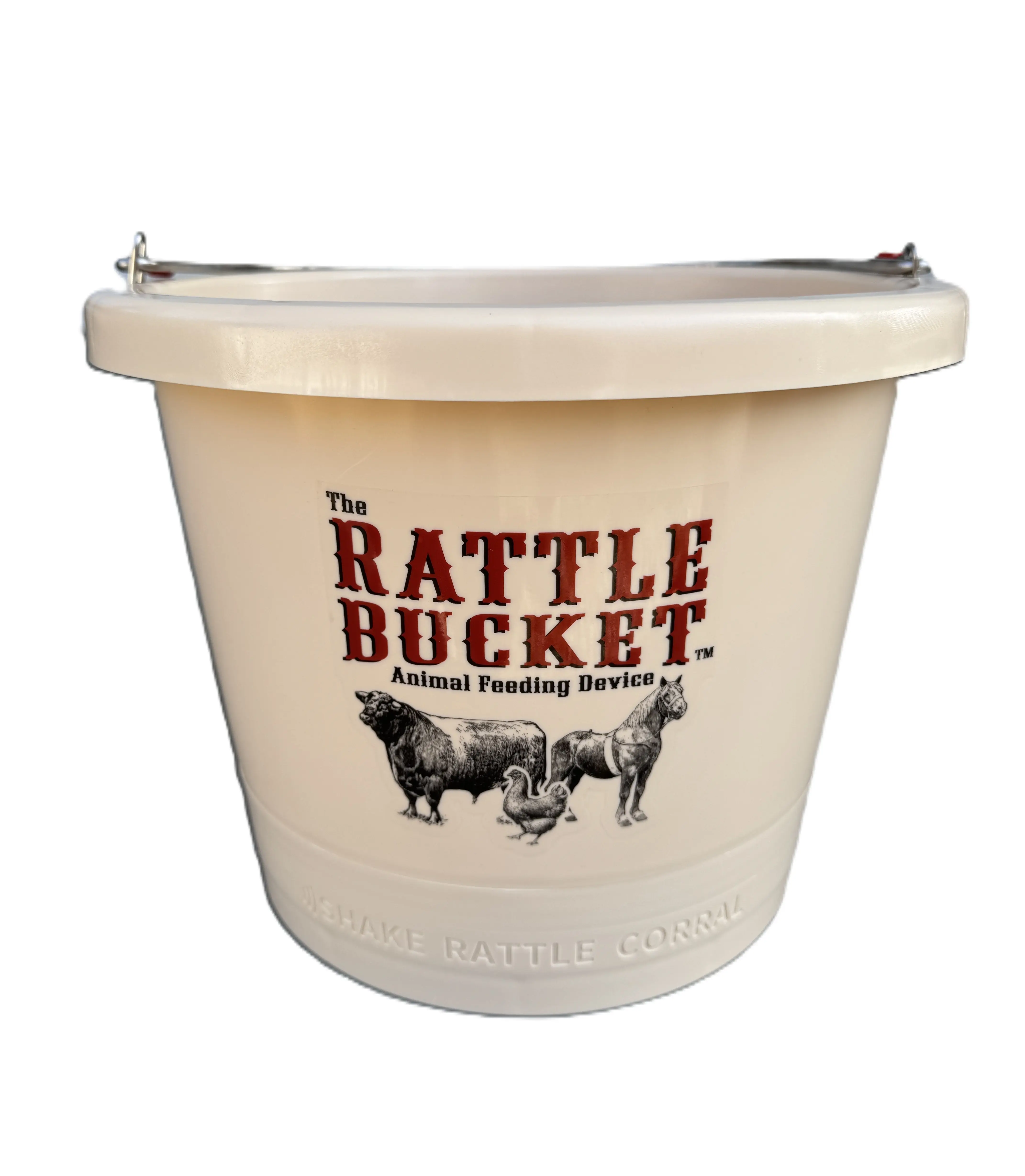 The Rattle Bucket - Patented Livestock Feeding Bucket with Rattling Noise for Animal Attraction and Control - Durable Farm Use Feed and Water Bucket