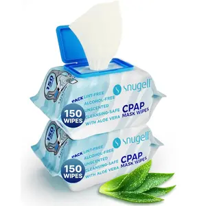 Snugell Unscented Travel CPAP Mask Wipes Antibacterial (150 Count) –100% Soft Cotton,Lint & Alcohol-Free, Skin Safe with Aloe Vera – Easy Opening CPAP Cleaner and Sanitizer for Masks & Devices