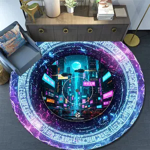 Neon Cityscape: Futuristic Urban Scene Round Pattern Large Area Floor Mat/rug for Home Decor and Halloween, Christmas, and Birthday Gifts - 1 Piece. DT1
