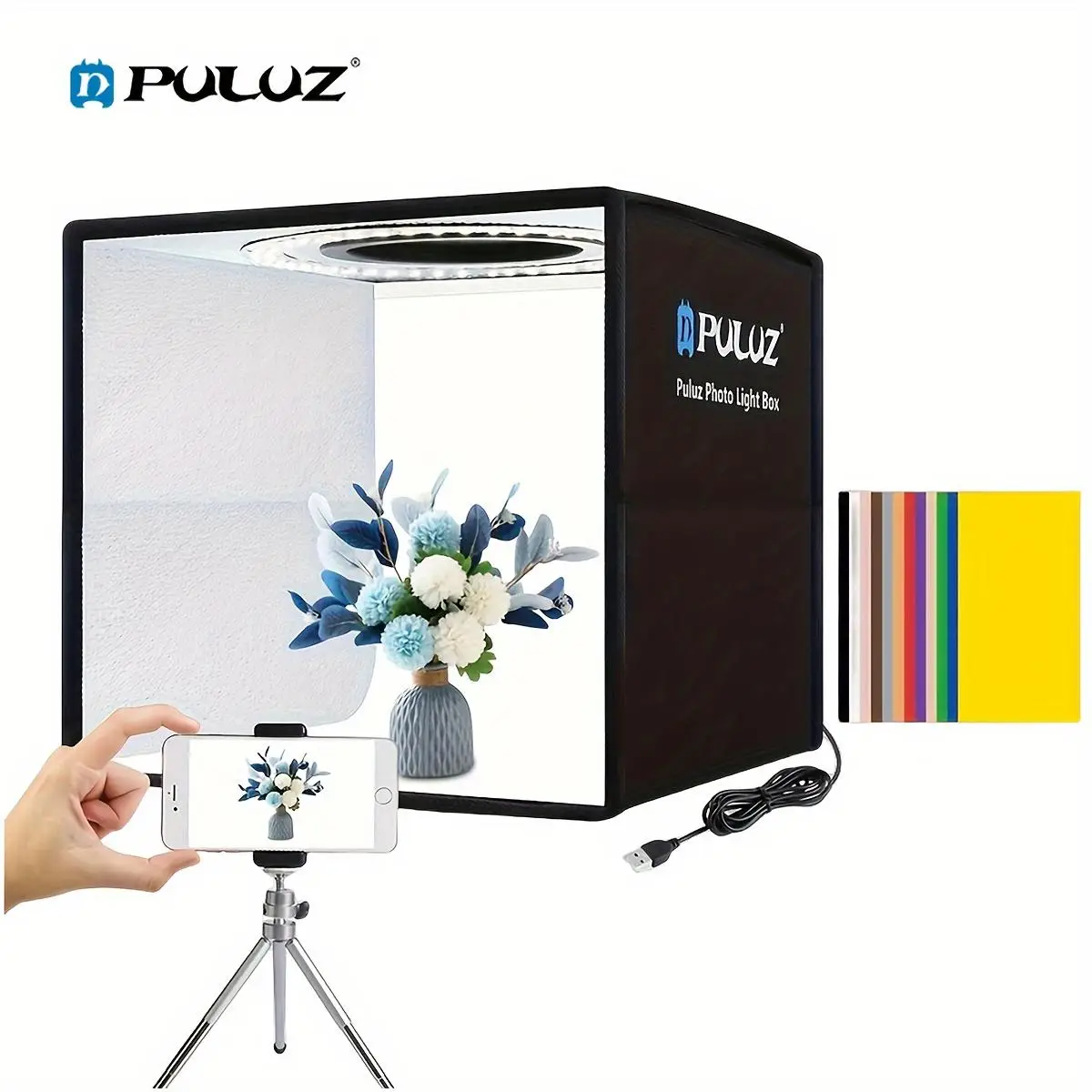 PULUZ Photo Studio Light Box 25*25cm/9.8 inch, Quick Install Foldable Portable Studio Kit with Soft Light Cloth Photography Tent or Equipment White Li