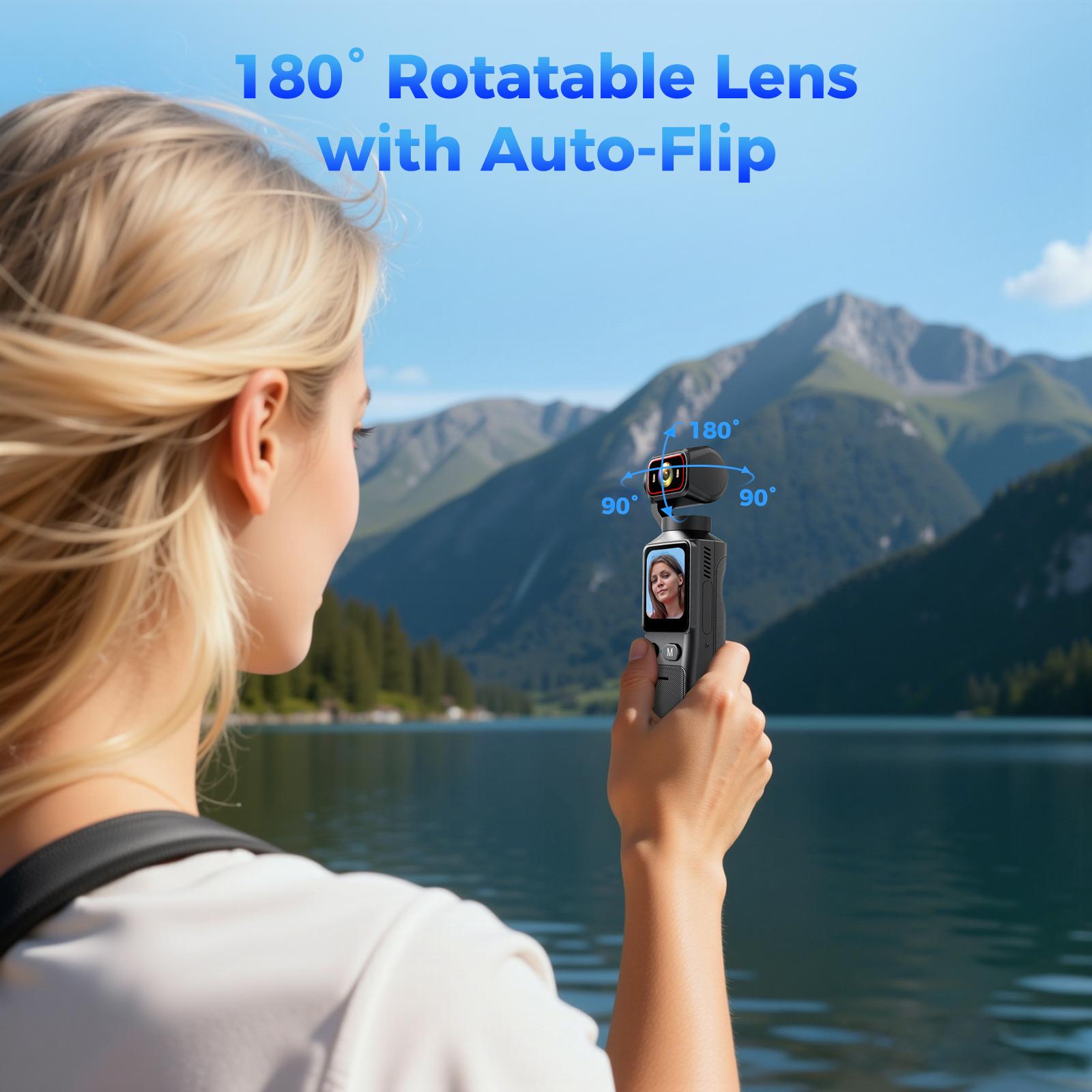 4K Handheld Vlog Camera with WiFi, 180° Rotating Lens, Portable Video Camera with Stabilization, Compact Design for Travel & Daily Recording, Easy to Use, Hands-Free Shooting, Rechargeable Battery, Lightweight & Pocket Size