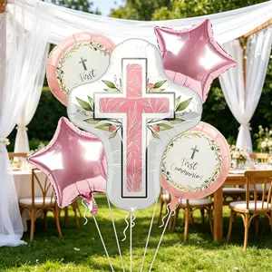 First Communion Balloon Set, 5 Cross Foil Balloons, Girl Baptism and Religious Party Decorations, Floral Design, Ideal for Baptism and First Communion
