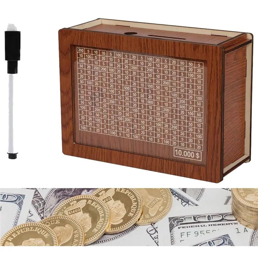 Wooden Savings Box with $10,000 Countdown Tracker｜Reusable Solid Wood Savings Vault, Cash & Coin Piggy Bank for Kids & Adults, Financial Goal Helper & Home Decor Gift
