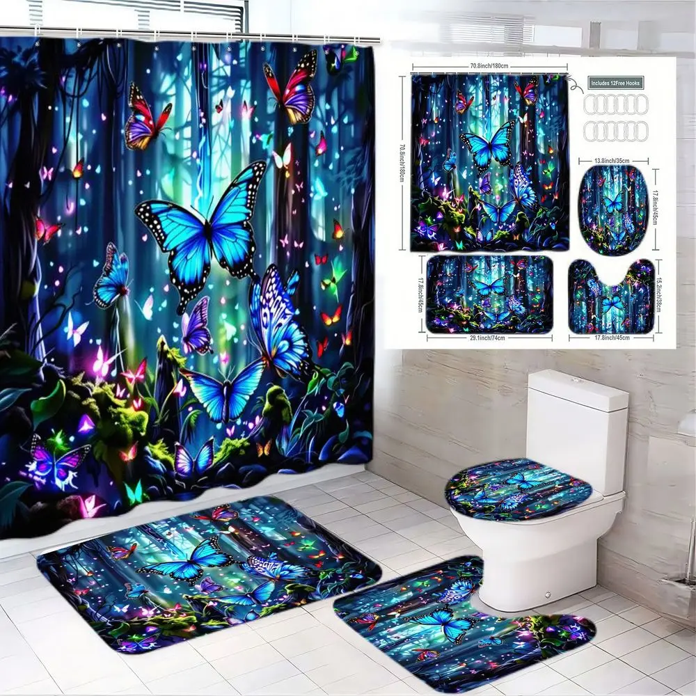 1/4pcs Enchanted Forest Shower Curtain Set, Glowing Butterflies Forest Design with Blue Purple Butterflies, Dark Blue Trees, Green Foliage, Matching Toilet Seat Lid Cover, Rectangular Bath Mat, U-Shaped Toilet Mat, Bathroom Decor And Accessories