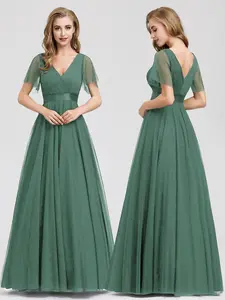 EVER PRETTY  Double V-Neck Floor-Length Short Sleeve Tulle Bridesmaid Dresses Maxi Formal Elegant Fit Flowy Fabric Women's Evening Garment Flutter Sleeves Subtle Tulle Hemline Concealed Zipper Up The Back 07962