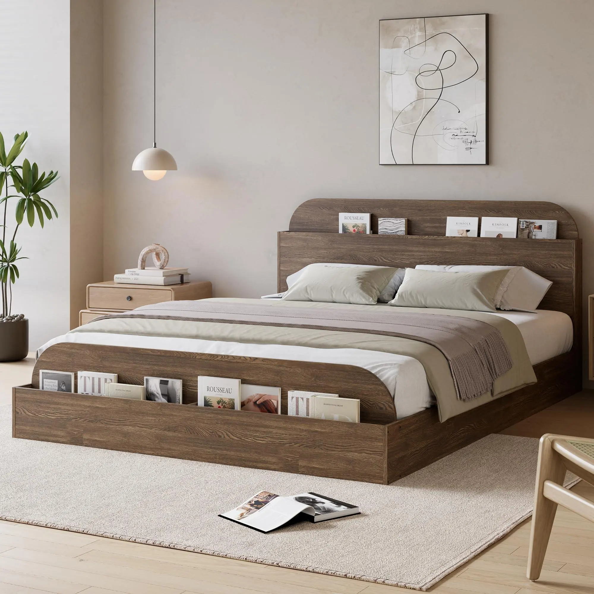 Solid Wood Queen Size Low Profile Platform Bed Frame - Short Wood Frame, Built-in Storage Headboard, Raised Footboard, Heavy-Duty Silent Construction, No Box Spring Needed, Easy Setup, Assembly Required for Bedroom
