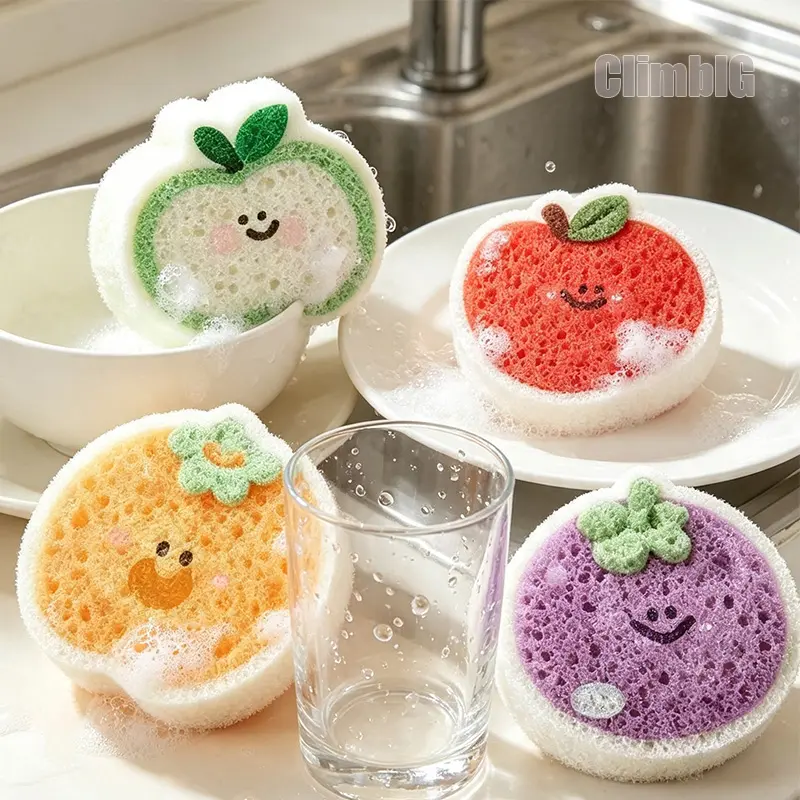 4Pcs Cute Fruit Compressed Wood Pulp Sponge, Pop Up Dish Scrubber, Eco-Friendly Non-Scratch Dishwashing Sponges for Kitchen Cleaning, Outdoor