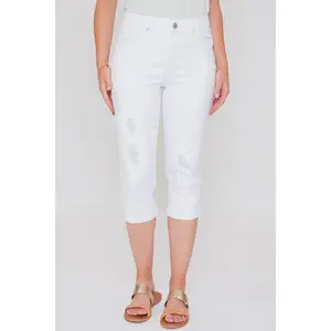 White Slim Stretch High Waist Capri Jeans by YMI with Tummy Control- Women's