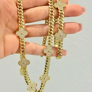 14K Gold Plated CZ Clover Flower Cuban Choker Chain Necklace & Bracelet Set Fashion Jewelry Gift Cubic Zirconia Stones