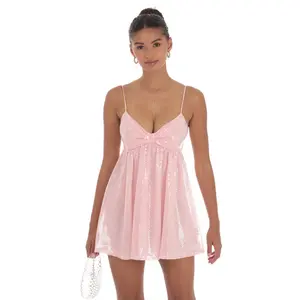 Sequin Front Bow Babydoll Dress in Pink