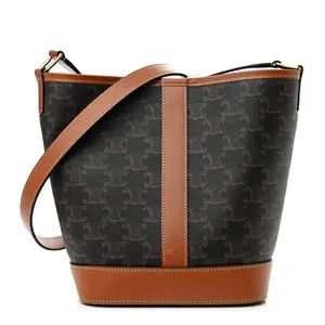 Pre-owned Celine leather Shoulder Bags Triomphe Canvas Calfskin Small Bucket Bag Tan