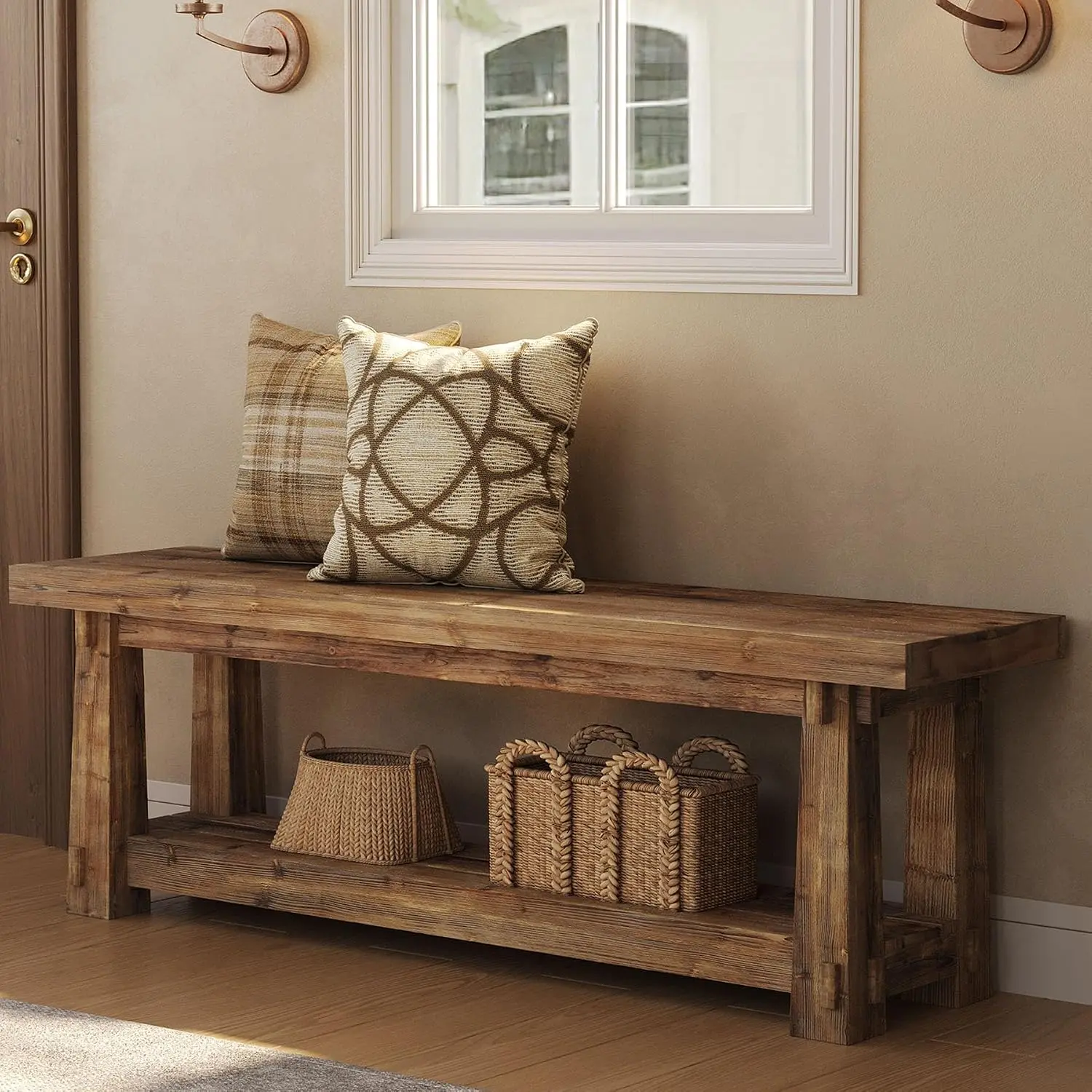 TRIBEWOOD 55-Inch Rustic Light Solid Wood Entryway Bench, 2-Tier Shoe Storage Window Seat, Farmhouse Rack for Foyer, Hallway, Easy Assembly