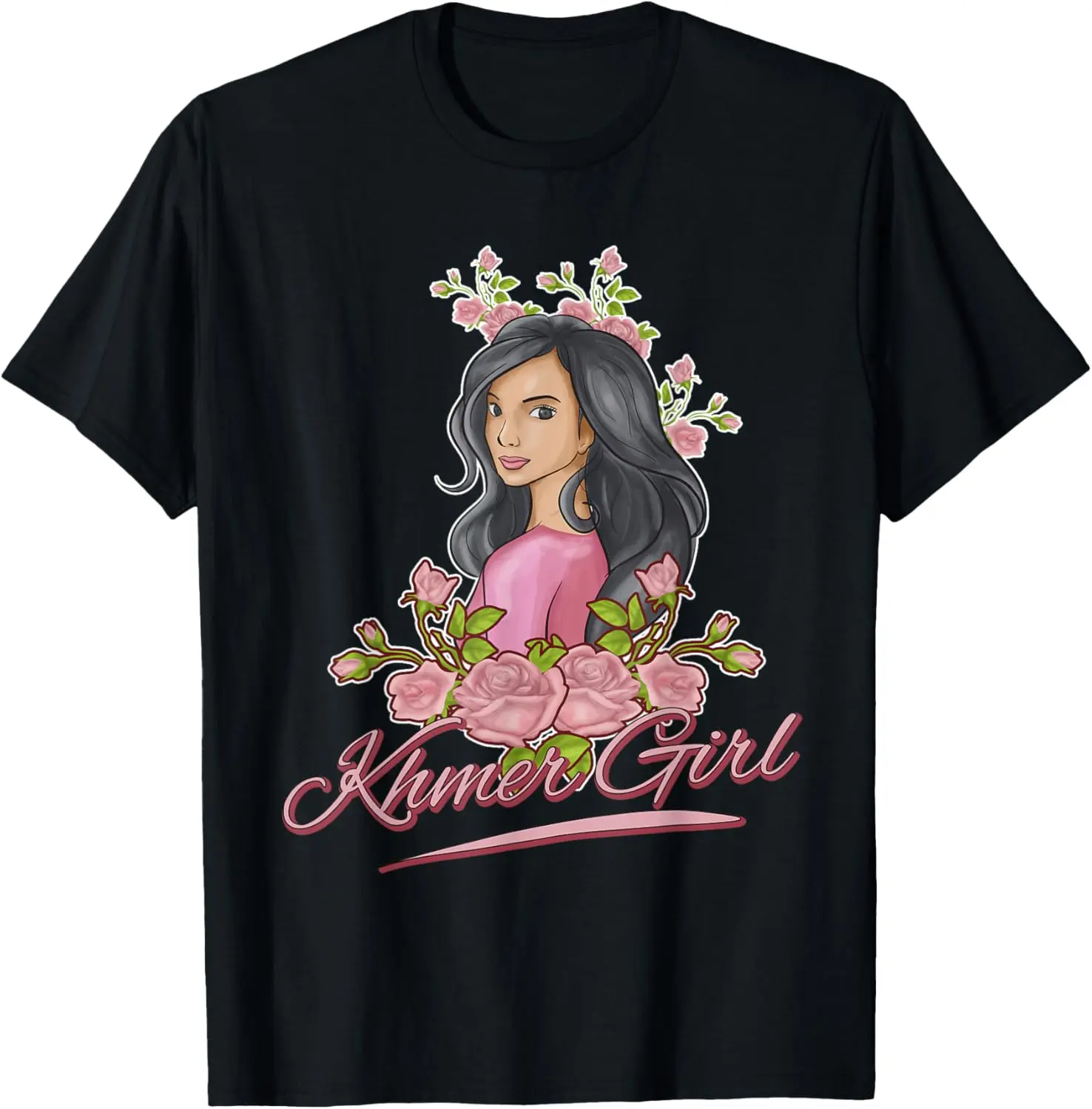 Women's 100% Cotton Short-Sleeve Round Neck Vintage Streetwear Graphic T-Shirt - Casual Everyday Top with Proud Khmer Girl Cambodian Flag Print