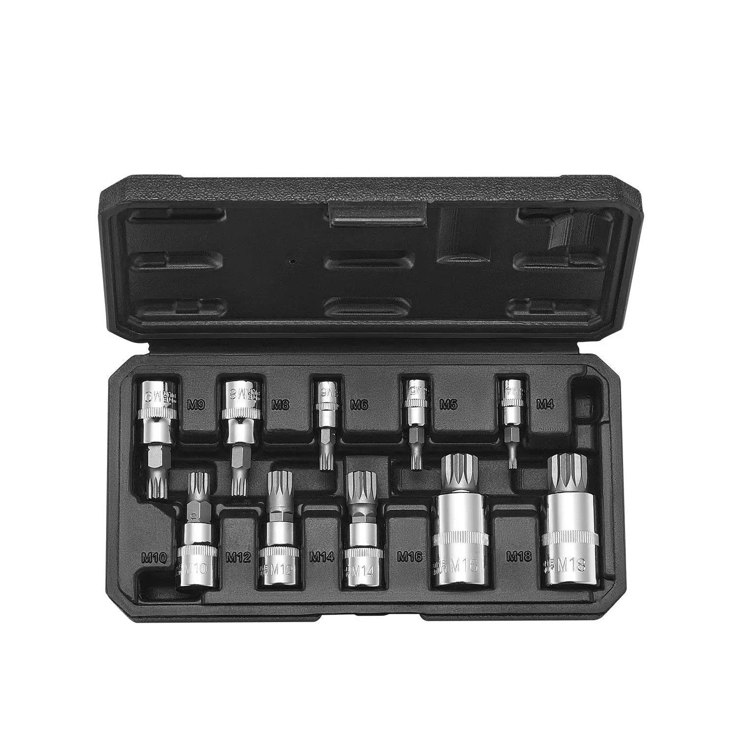VEVOR XZN Triple Square Spline Bit Socket Set, 10-Piece M4-M18 Sizes, Premium Cr-V Chrome Steel with Chamfer Edge, Sandblast Finish, 1/4in, 3/8in, 1/2in Drives, Drop-Resistant, 1.48 lbs, 8.27x4.41x1.5in Storage Case, Hand & Automotive Tool Kit