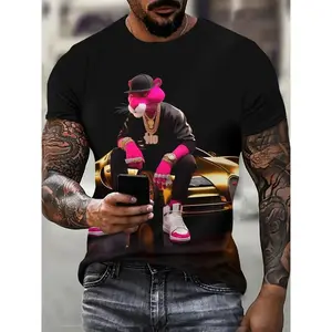 FEEGO Men's 3D Digital Print Hip-Hop Cool T-Shirt - Pink Panther Design, Breathable Summer Tee for Travel & Dates, Machine Washable, Casual Regular Fit, 100% Pure Cotton, Knitted, Unisex, Sporty Style