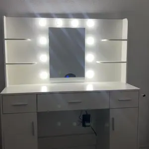 White Vanity Desk with Lighted Mirror & Power Outlet, Makeup Vanity with 3 Drawers, 4 Shelves, Cabinet & Hair Dryer Holder for Bedroom Girls