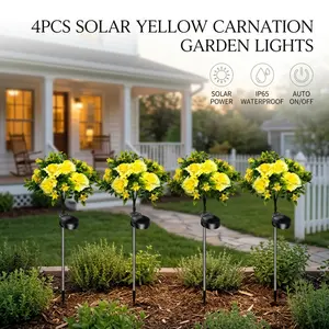 4 Pack Solar Yellow Carnation Flower Garden Lights, IP65 Waterproof Outdoor Decor
