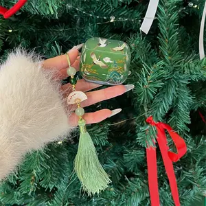 Green High Mountain Xiangyun Crane Earphone Protective Cover with Fan tassel Pendant for AirPods 1 2 3 4 Pro Pro2