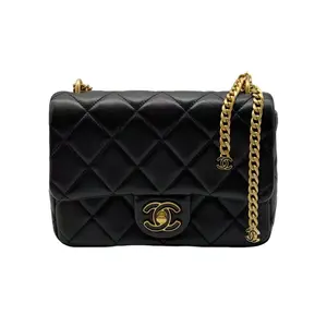 Pre-owned CHANEL Lambskin Shoulder Bags 22P Black Quilted Leather Mini Square Flap Bag With Gold Hardware (T2***8C) CC1514