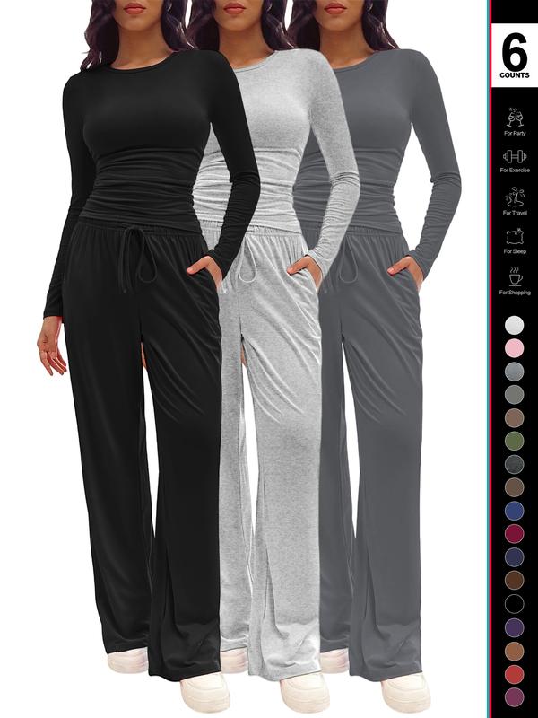 Women's Solid Ruched Drawstring Loungewear Set, Casual Long Sleeve Round Neck Top & Pocket Wide Leg Trousers, Ladies Sleepwear for All Seasons Women's Solid Ruched Drawstring Loungewear Set, Casual Long Sleeve Round Neck Top & Pocket Wide Leg Trousers, Ladies Sleepwear for All Seasons