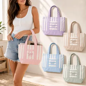 2026 New Trader Joe’s Style 2026 Pastel Striped Mini Canvas Tote Bag for Women, Reusable Grocery Market Tote with Front Pocket, Heavy Duty Cotton Shoulder Carryall for Lunch, Work, Travel, Beach & Daily Errands