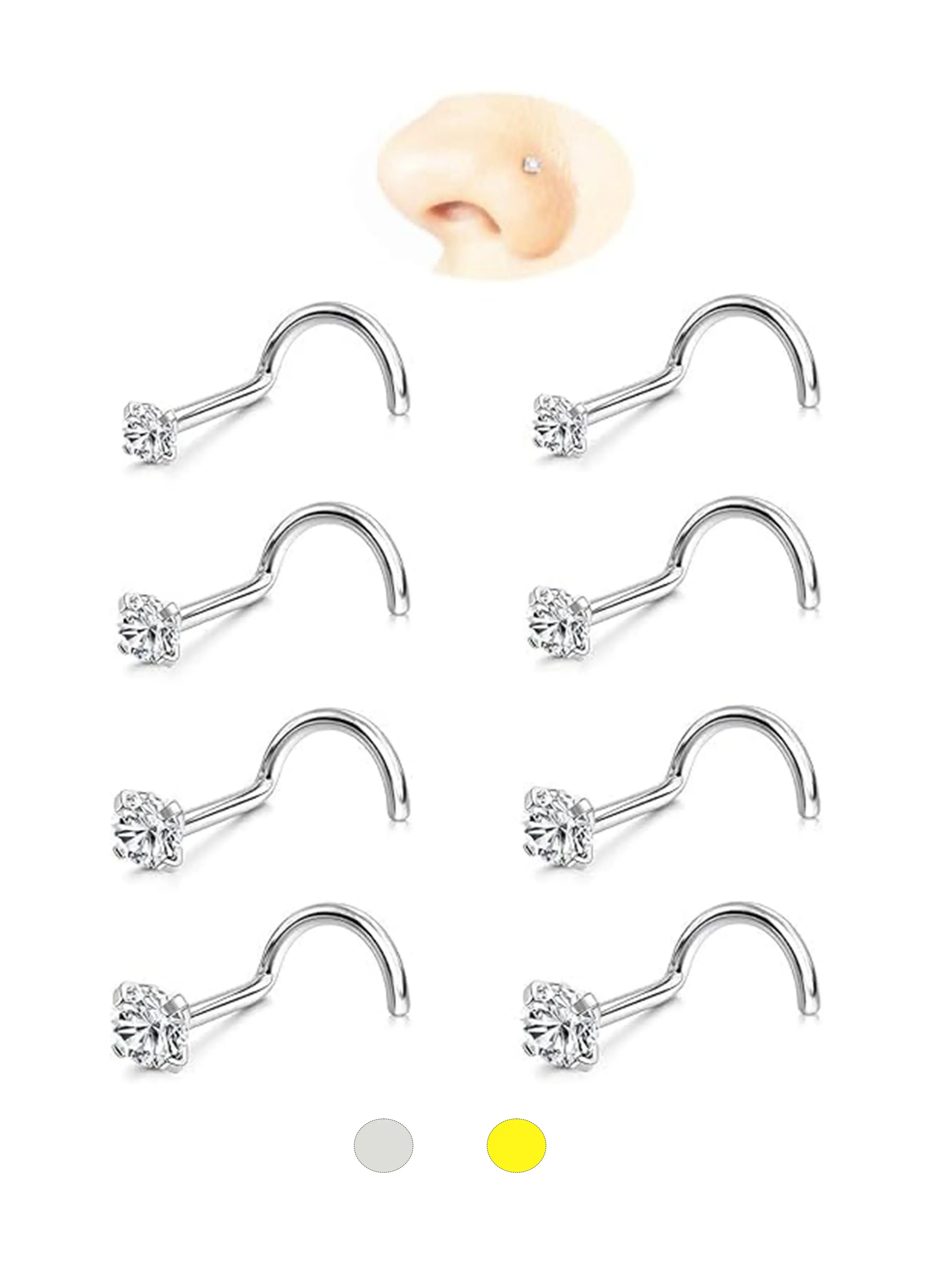 8Pcs Nose Studs for Women, 20G Hypoallergenic Surgical Steel Stainless Steel Nose Rings Studs, 1.5-3mm AAA+ CZ Nose Piercing Jewelry, Wedding & Christmas Gift, Crystal Nose Studs, Cubic Zirconia Nose Studs, Elegant Nose Studs, Nose Rings Set, Body Jewelry