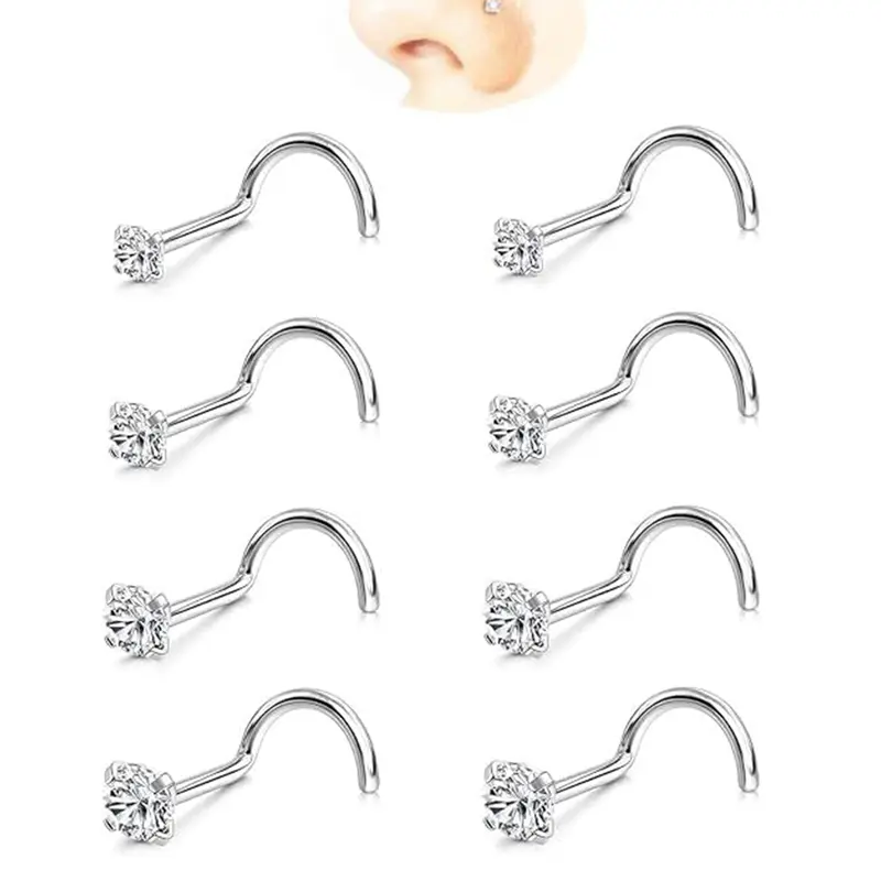 8Pcs Nose Studs for Women, 20G Hypoallergenic Surgical Steel Stainless Steel Nose Rings Studs, 1.5-3mm AAA+ CZ Nose Piercing Jewelry, Wedding & Christmas Gift, Crystal Nose Studs, Cubic Zirconia Nose Studs, Elegant Nose Studs, Nose Rings Set, Body Jewelry