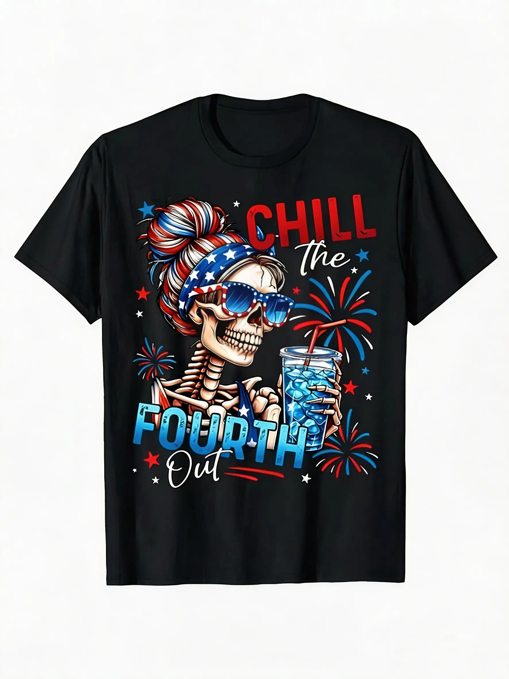 Men's Classic 2026 Spring & Summer Casual Shortsleeve T-Shirt, "Chill The 4th Out" Patriotic Skeleton Flag Tee, Streetwear Menswear, Round Neck, Breathable Basic Black/Blue 4th of July Crewneck Top