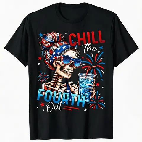 Men's Classic 2026 Spring-Summer Short-Sleeve Menswear Tee - Edgy 4th Design Patriotic Skeleton Flag Print, Round Neck, Breathable Fabric, Festive Day Streetwear, Basic Black/Blue Casual Top, Sohochic Patriotic Wear