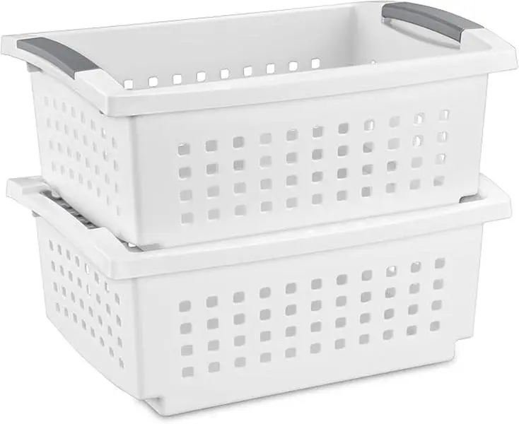 Medium Stackable Storage Basket Set (4 Pack) – Open Top Plastic Organizer Bins with Built-In Handles for Closet, Kitchen & Office