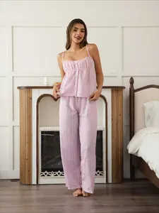 Women's Striped Plaid Sleepwear Set, Button Front Halter Top and Long Pants, Casual Fashion Pajamas, Comfortable Home Wear