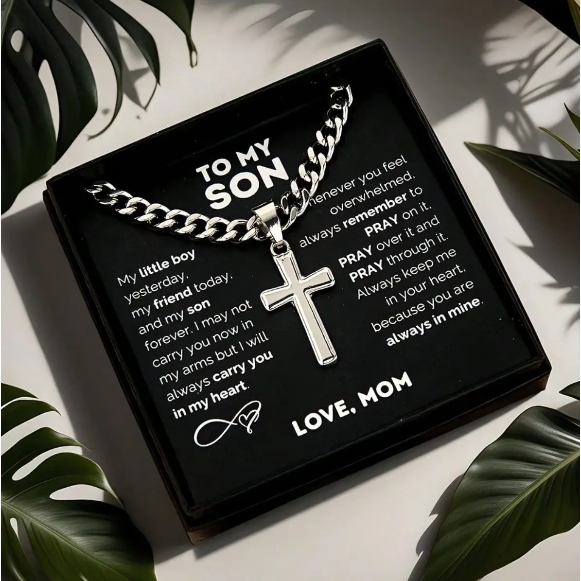 To My Son Cross With Cuban Chain Necklace Stainless Steel Cuban Chain And Stainless Steel Cross Pendant, Son's Birthday Gift, Valentine's Day Gift, Back To School Graduation Gift, Xmas Christmas Gift, With Card