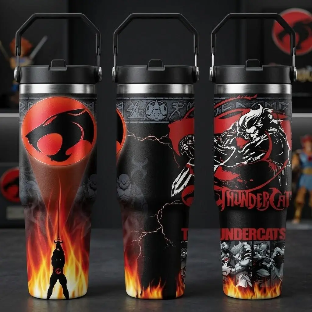 Retro Thunder Cats 40oz Travel Mug With Handle, Red Black Warrior Cat Design Stainless Steel Insulated Tumbler Cup With Straw