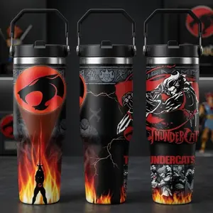Retro Thunder Cats 40oz Travel Mug With Handle, Red Black Warrior Cat Design Stainless Steel Insulated Tumbler Cup With Straw